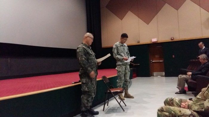 MAJ Kim, ROKA (left), introducing MG Ryu with MAJ Kim's KATUSA/Interpreter (right).